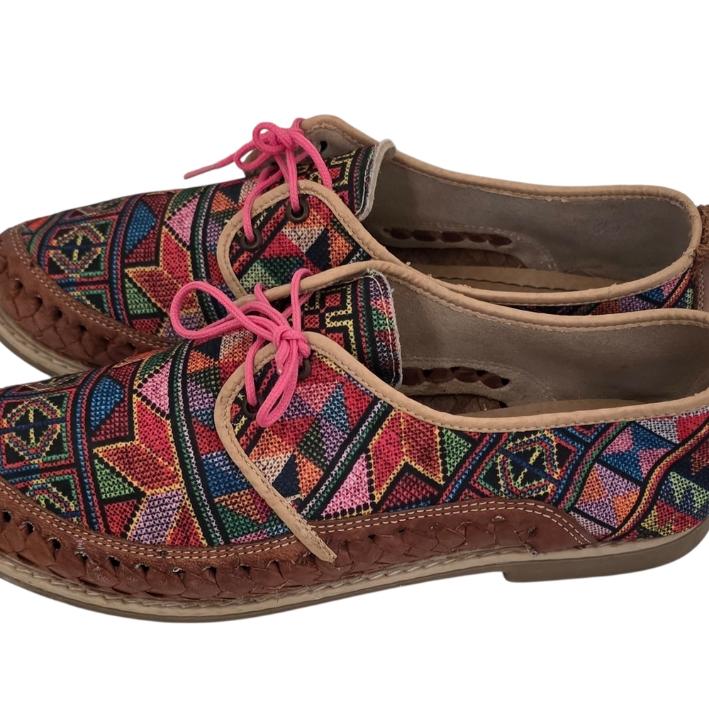 Vintage Womans Loafers, Geometric Leather Design